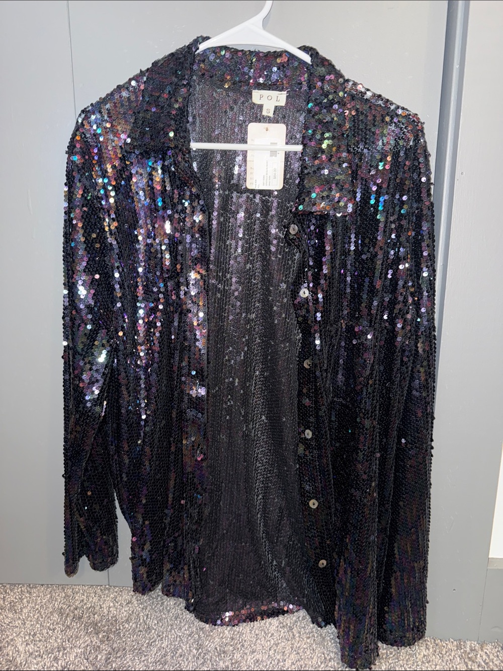 POL Black Iridescent Sequin Cardigan Shirt